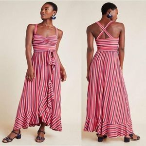 Anthro Maeve Gabriela Striped Ruffled Maxi Dress Orange Pink Blue Cream sz xs